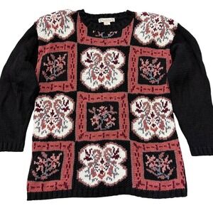 Rachel Max Sweater Black Grandmacore Patchwork Intarsia‎ Knit Cottagecore Large